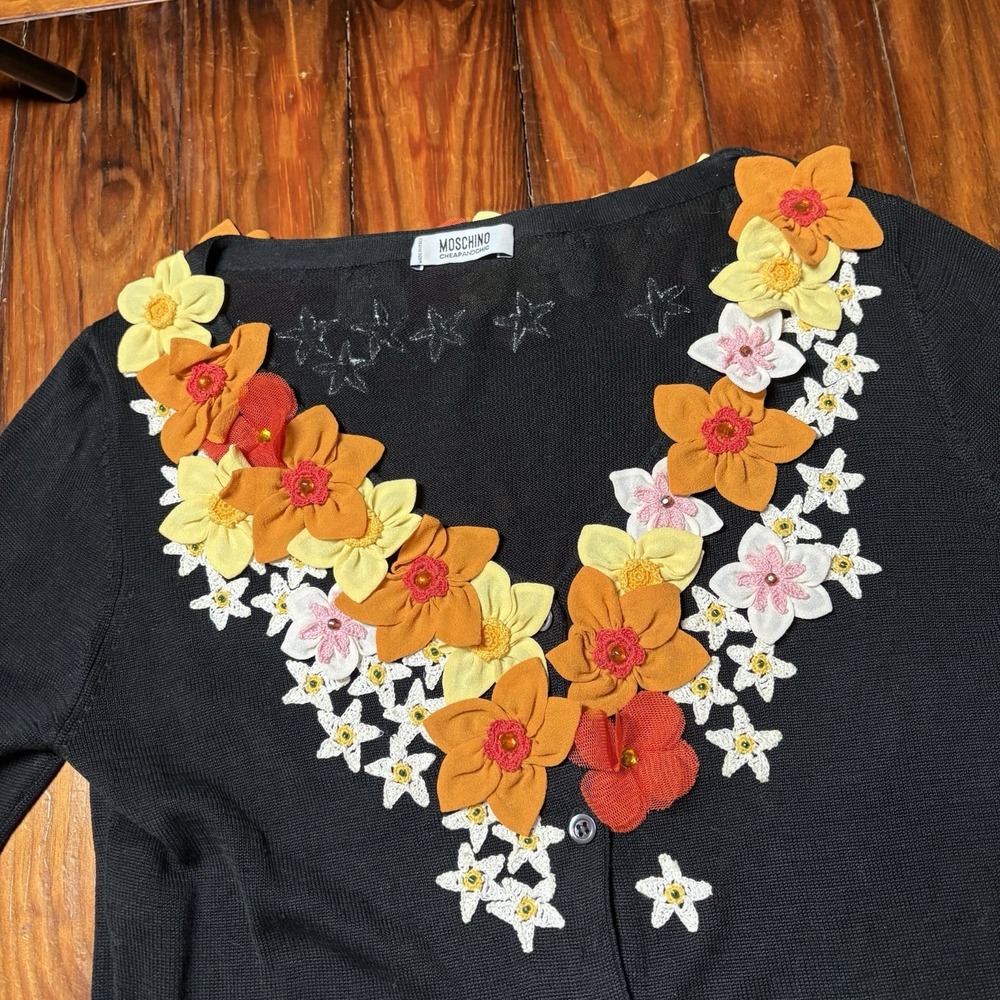 Vtg Moschino Cheap & Chic Black Floral Appliqué Pink Orange Cardigan Silk Sz 8 - Picture 3 of 13